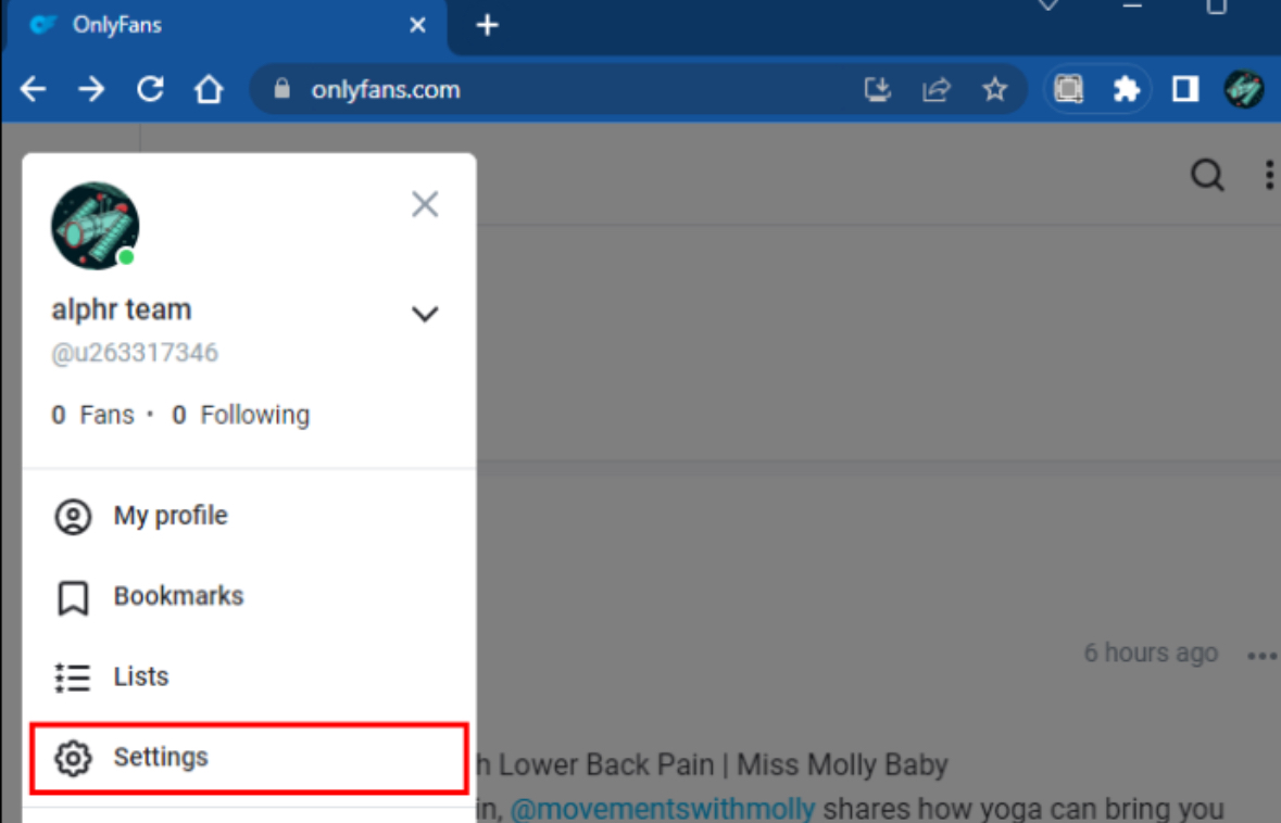 OnlyFans account profile menu