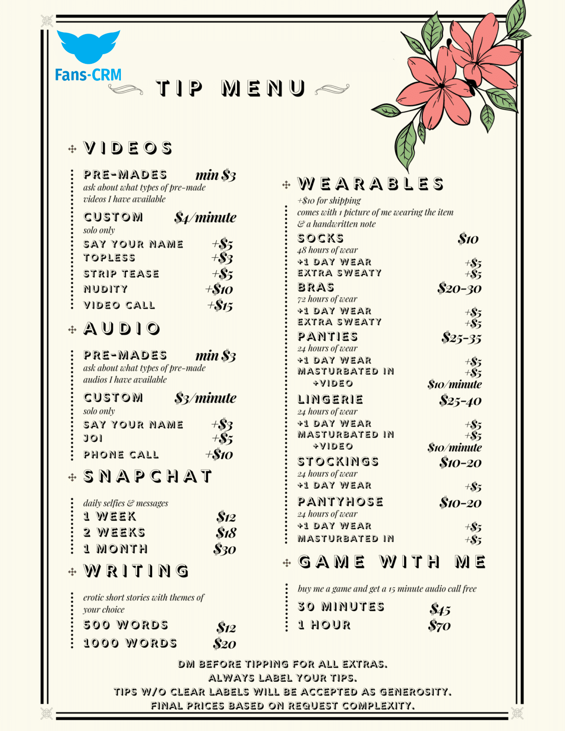 onlyfans tips menu